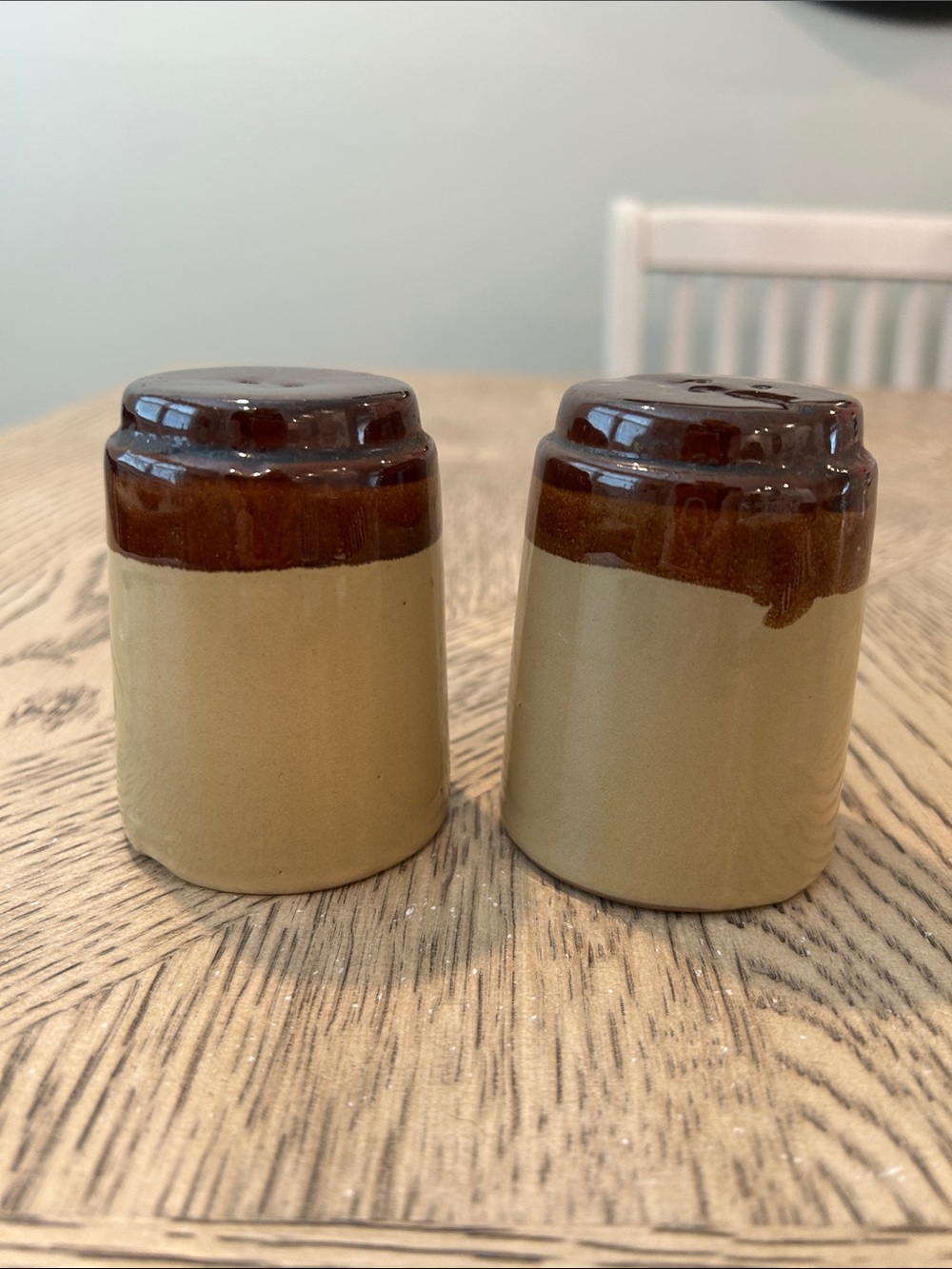 Vintage Two-Tone Ceramic Salt and Pepper Shakers - Brown and Tan
